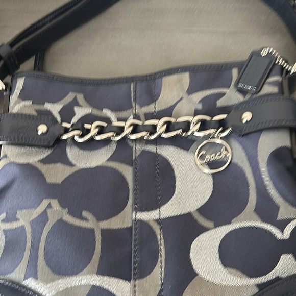 Coach F19820 Moto Op Art Navy Metallic Duffle Crossbody with Chain & Coach charm - Picture 6 of 6